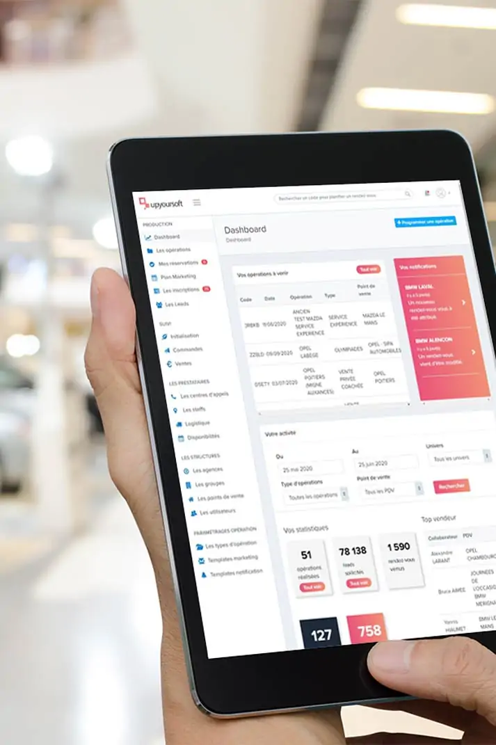 Dashboard du logiciel UpYourSoft sur tablette